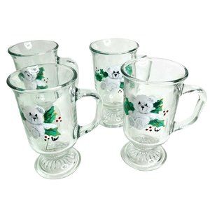 Christmas Mugs Footed Glass for Irish Coffee Tea Hot Cocoa Hand Painted Bears 5"